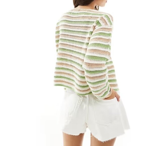 NWOT Pieces tie front crochet cardigan in green stripe - Picture 4 of 4